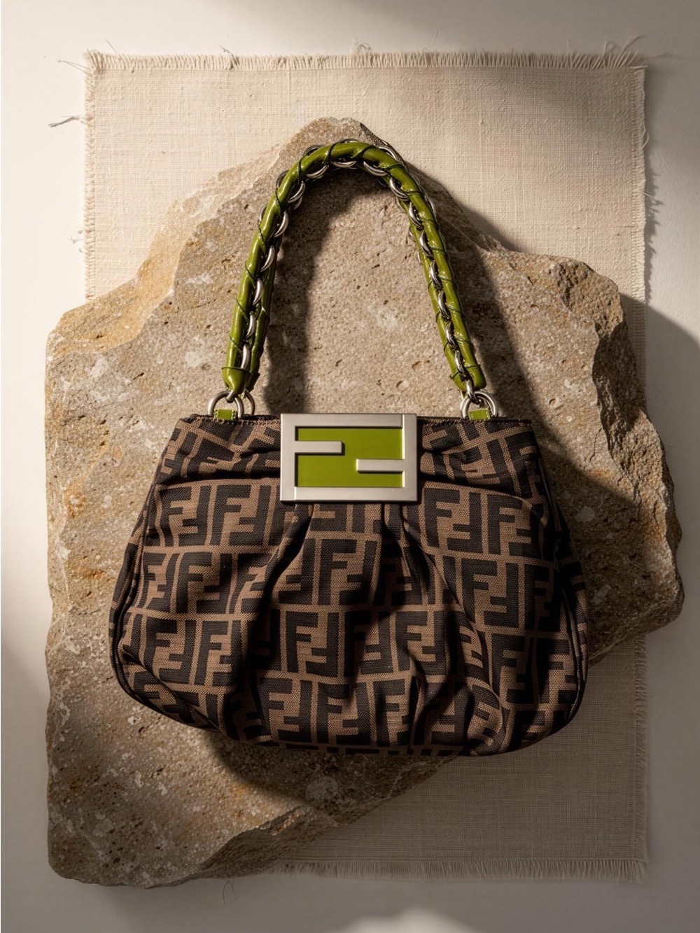 Fendi Brown Zucca Canvas Shoulder Bag with Lime Green Chain Handle